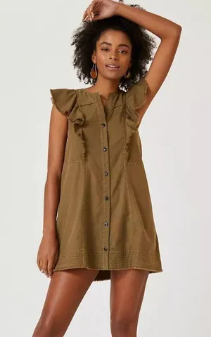 Anthropologie Pilcro Flutter-Sleeve Button Down Tunic Mini Dress Military XS thumbnail 1
