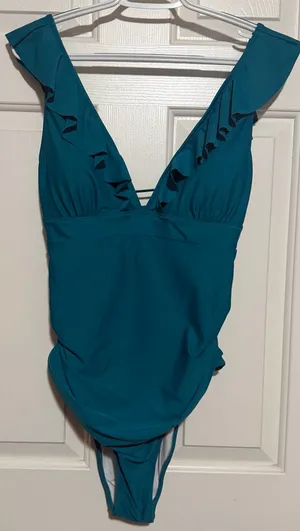 Cupshe Women's Teal One-Piece Swimwear Ruffled Neckline Ties in Back‎ Size XL thumbnail 1