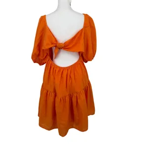 OWNGIGI Mini Dress Women XL Orange Excellent Tiered Puff Sleeve Tie Back Cotton thumbnail 4