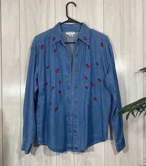 Mary Jane Lady Bug Beetle Embroidered Button Down Chambray Overshirt sz S Small thumbnail 1