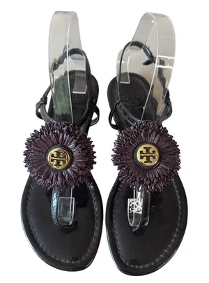 Tory Burch Raffia Flower T-Strap Sandals Espresso Gold Size 7‎ thumbnail 1