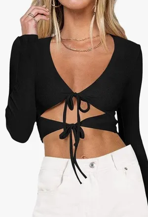 Princess Polly Deep V Neck Ribbed Knit Long Sleeve Tied Cutout Crop Top Size 4 thumbnail 1