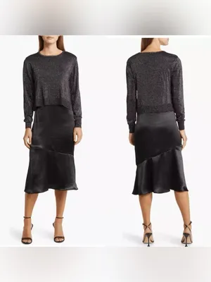 Sam Edelman Satin Slipdress Metallic Sparkle Boat Neck Sweater Black 14 thumbnail 2