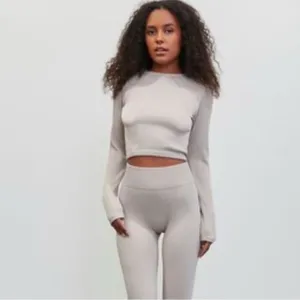 Forever 21 Ribbed Gym Fitness Cropped Stretchy Long Sleeve Tan Top Sz Small thumbnail 5