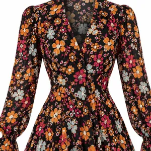 Free People Black Floral Boho Mini Dress Size Small Long Sleeve Tie Neck thumbnail 1