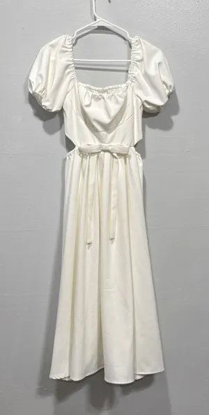 Timeless Collection A-Line Midi Dress Puff Sleeve Cut Out Womens XS Off White thumbnail 1