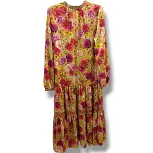 Current Air Los Angeles Floral Tiered Midi Dress Yellow Pink V-Neck Size‎ L thumbnail 4