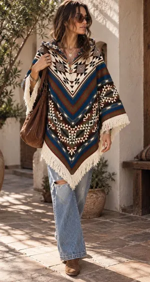 Southwestern Geometric Hooded Blanket Poncho Fringe Cape Boho Western S/M thumbnail 1