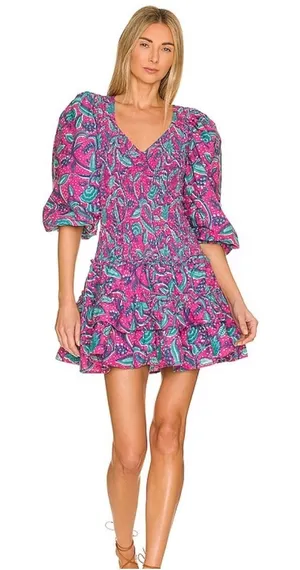 Love The Label Pink Teal‎ Paisley Smocked Puff Sleeve Tiered Mini Dress XS thumbnail 1