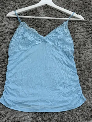 Vintage Y2K Light Blue Lace Trim Cami Top Ruched Bow Babydoll Tank Women’s S thumbnail 1