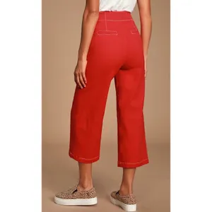 ASTR‎ The Label Nixon Red Denim Contrast Stitch Culotte Pants Wide Leg Cropped S thumbnail 2