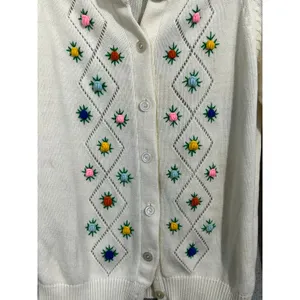 VTG Superbly Cardigan Sweater Large Ivory Embroidered Roses Cottage Core thumbnail 2