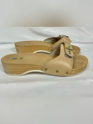 Vintage Dr. Scholl's Pescura Wood Sandals Tan Leather Italy Size 7 Original thumbnail 2