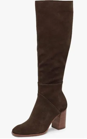 NEW Knee High Square Toe Chunky Block Heel Side Zipper Vegan Suede Boots 10 thumbnail 1