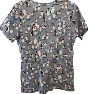Scrub Star Gray White Black Winter Wonderland Penguin Short Sleeve Scrubs Top thumbnail 4