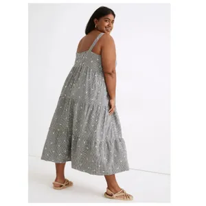 Madewell Embroidered Tiered Midi Plus Dress in Gingham Check Size 1X thumbnail 2