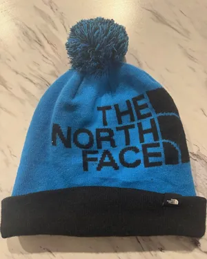The North Face Pom Beanie Blue Black Logo Cuffed‎ Knit Winter Hat Adult One Size thumbnail 1