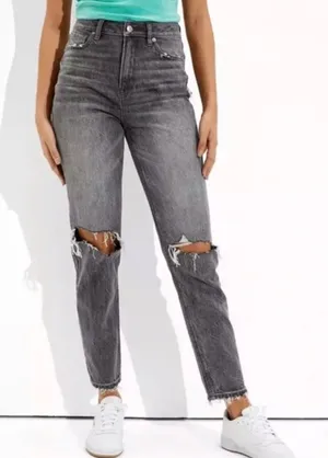 American Eagle Mom Jeans Women’s Size 4 Regular Gray Black Denim Straight Leg thumbnail 1