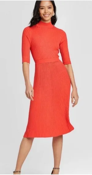WHO WHAT WEAR Orange Ribbed Mock Neck‎ Elbow Sleeve Midi Sweater Dress thumbnail 1