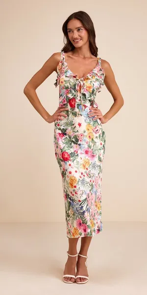 Lulus Clelia Ivory Multi Floral Satin Ruffled Midi Dress thumbnail 1