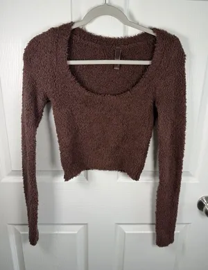 Skims Size S/M Reddish Brown Teddy Bear Sherpa Textured Pullover Crop Top thumbnail 1