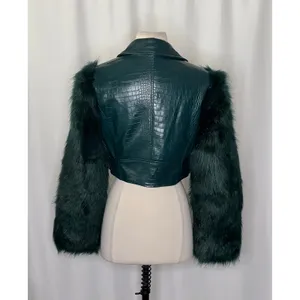 AZALEA WANG Nolla Faux Fur Arms Croc Moto Jacket Jade Green Vegan Leather Medium thumbnail 9