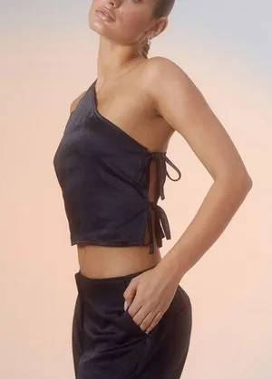 Motel Rocks Floella Asymmetrical Top Black Satin One Shoulder Tie Side NWT Medium thumbnail 1