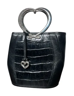 Brighton Corazon Black Croc Embossed Leather Heart Handle Small Bucket Handbag thumbnail 1