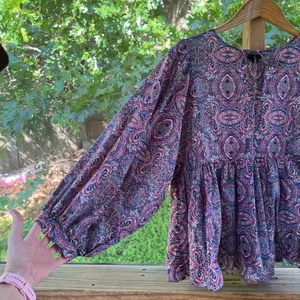 Banana Republic Women's Purple Printed Boho Pleated Top Size L thumbnail 3