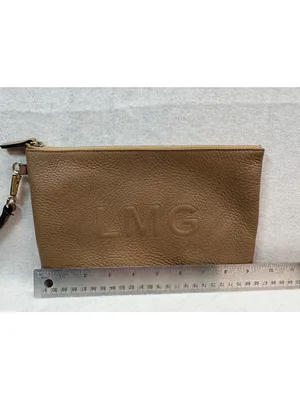 Brown Pebbled Leather Wristlet Clutch LMG Monogram Gold Tone Zip Pouch thumbnail 5