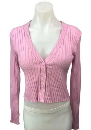 Aerie Pink Ribbed Knit Button V-neck Long Sleeve Crop Cardigan Sweater Top Sz M thumbnail 1