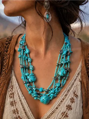 Statement Faux Turquoise Multi Strand Necklace With Silver Accents thumbnail 1