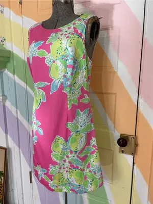 Lilly Pulitzer Delia Hotty Pink Lemonade Shift Mini Cotton Dress Sz 8 🧡🎀 thumbnail 4