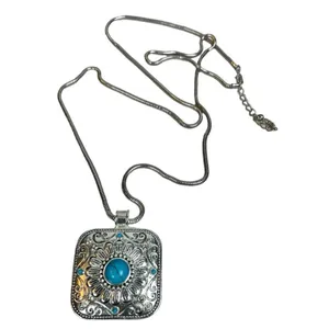 Vintage Silver Tone “Roman” Enameled Floral Etched Pendant W Faux Turquoise Ston thumbnail 3