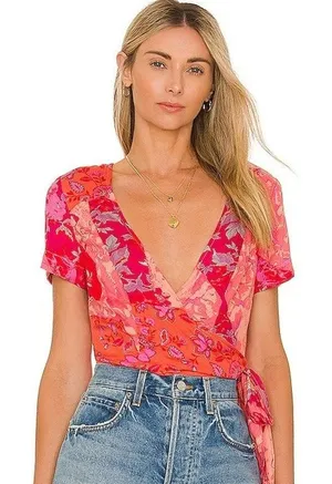 Free People Ashley Top SZ Large Fun Combo Wrap Crop NWT Red Boho Floral Waist thumbnail 1