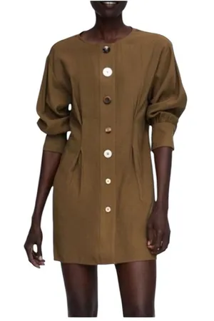 Zara Khaki Green Pleated Dress with Contrasting Statement Buttons Size M thumbnail 1