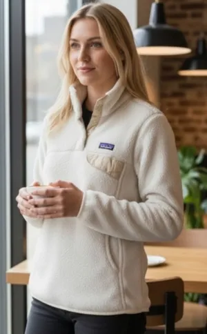 Patagonia Cream Teddy Fleece Pullover with Tan Chest Trim thumbnail 1