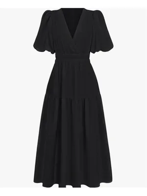 NEW Short Puffy Sleeve V Neck A-Line Flowy Wrap Wedding Guest Lined Dress S thumbnail 8
