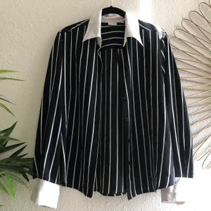 Black and white striped button up down long sleeve lightweight loose flowy shirt thumbnail 1