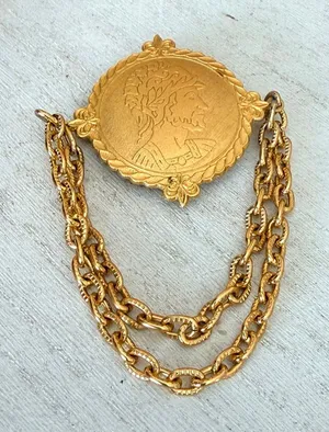 Vintage Gold Tone Classical Medallion Double Chain Swag Brooch thumbnail 1