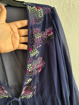 Anthropologie Saivana Silk Beaded Sheer Embroidered V-Neck Peasant Navy Blouse M thumbnail 9