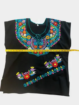 Mexican Embroidered Floral Black Huipil Blouse Folk Art Top Large thumbnail 7
