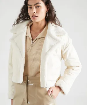 Hollister Faux Shearling Cropped Biker Jacket in Beige thumbnail 1