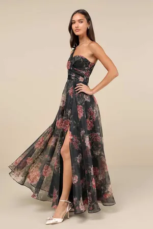 New Lulus Black Floral Organza One-Shoulder Maxi Dress Size XL MSRP $138 thumbnail 7