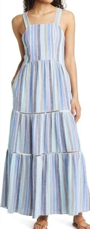 Caslon Women's Sleeveless Striped Maxi Dress Blue Size S Linen Blend thumbnail 1