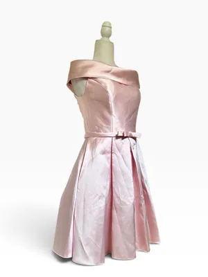 Handmade Off-Shoulder Taffeta Fit & Flare Dress in Light Pink thumbnail 3