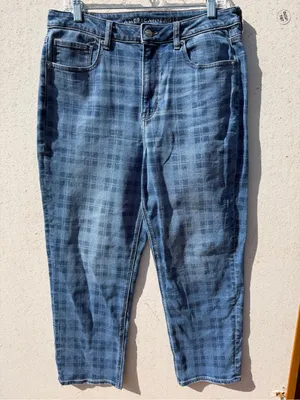 American Eagle Mom Straight Jeans Women 12 Short Blue Plaid Stretch thumbnail 2