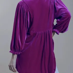 Umgee Small Magenta Velvet V Neck High Waist Balloon Sleeves Tunic Top/‎ dress thumbnail 3