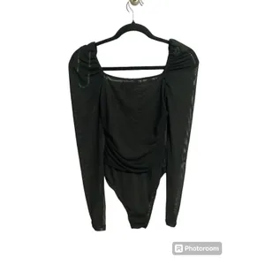 Lulus Flirty Night Out Black Ruched Mesh Bodysuit XS thumbnail 3