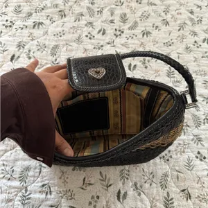 Brighton Sydney Black Tan Straw Handbag Heart Charm thumbnail 9